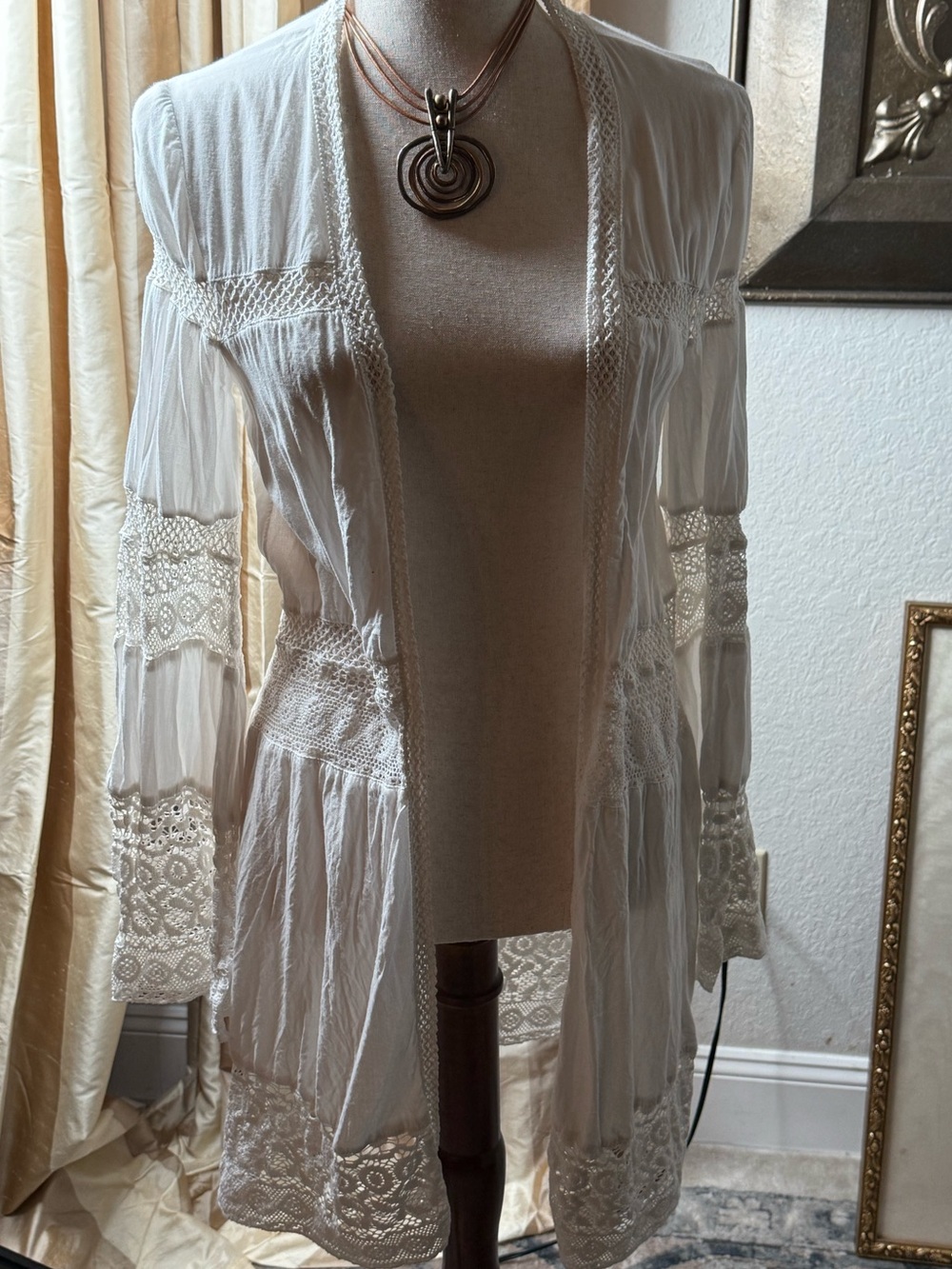 Romantic Crochet Bell Sleeve Maxi Duster XS/S Lace Open Front Coachella boho
